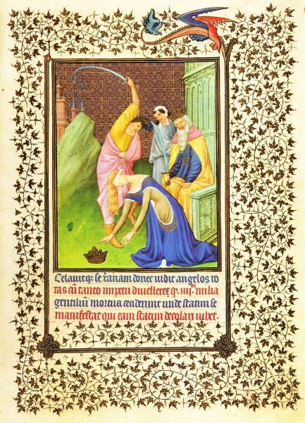 De door Catharina bekeerde keizerin gedood. illuminatie getijdenboek Duc du Berry.
