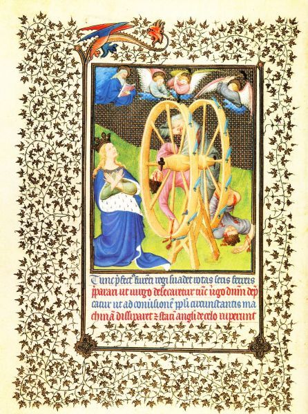 Op gebed Catharina breekt het schoepenrad. illuminatie getijdenboek Duc du Berry.