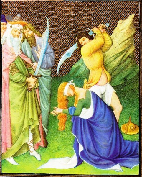 Catharina sterft marteldood. illuminatie getijdenboek Duc du Berry.