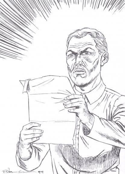 Illustratie door Patrick van Oppen Vader Jan ontvang de brief van zoon Jan met het bericht dat die jezuïet wil worden...