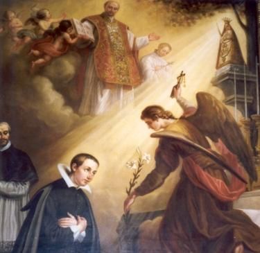 Jan Berchmans bij vader Ignatius opgenomen in de hemelse heerlijkheid.