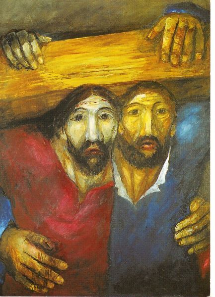 Simon van Cyrene helpt Jezus kruis dragen.