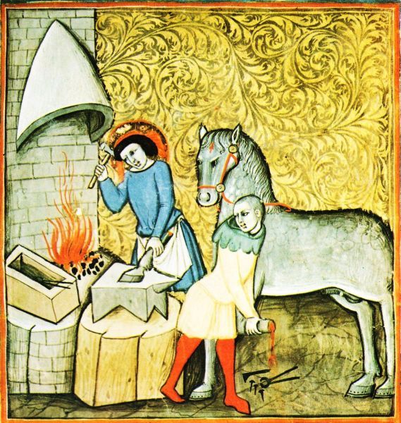 Eligius heeft het been van het paard afgehakt om des te rustiger een hoef te slaan. Straks zal hij het weer op zijn plaats aanbrengen. 15eeuw, Fra Nicolo, boekverluchting.