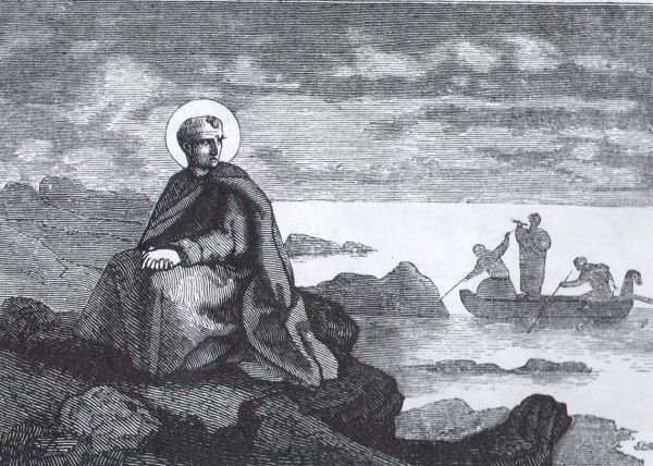 Paus Silverius verbannen op een eiland. Nederlandse boekillustratie.