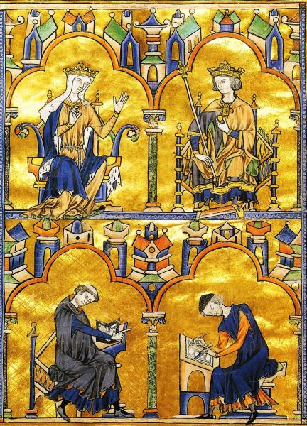 Linksboven Blanche; rechtsboven haar zoon Lodewijk de Heilige. onder twee handschriftverluchters.