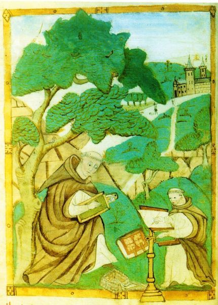 Jan van Ruusbroec met een monnik aan het werk.