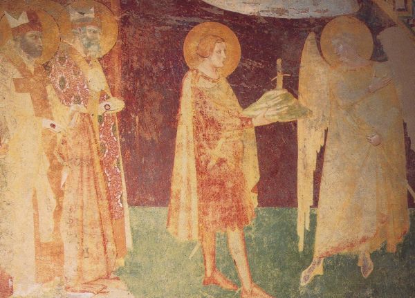 San Galgano biedt de aartsengel Michaël zijn in een berg gestoken zwaard aan 14e ew, wandschildering.