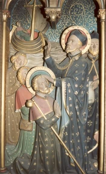 Wandschildering Franciscus Xaverius bij zijn vertrek naar de missie in Zuid-Oost-Azië door vader Ignatius gezegend.