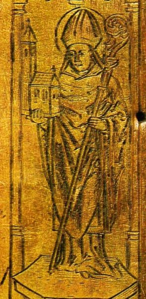 Sint Anno met het model van de door hem gestichte St-Georgskirche in Keulen (afgebeeld op een rijk bewerkte boekband)