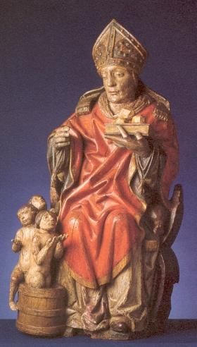 Sculptuur ? Nicolaas doet drie jongetjes opstaan.