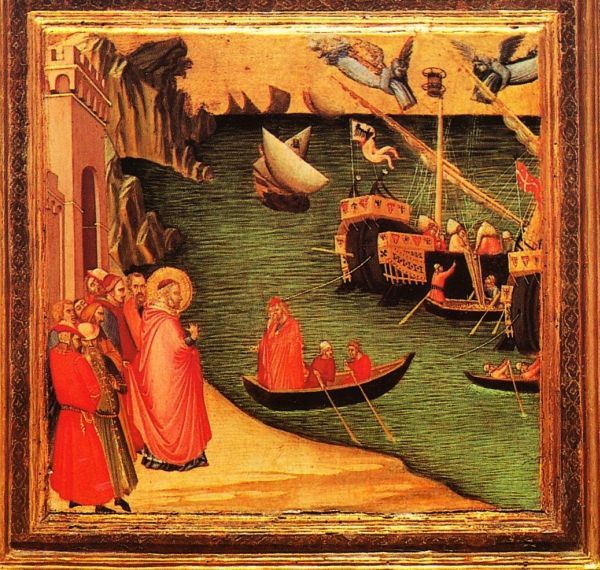 Graanwonder van Nicolaas. Op de voorgrond de bisschop mnet rood kalotje en met slippendragers! Hij ziet toe hoe op de middelste boot graan via een glijplan wordt overgeladen in een sloep.