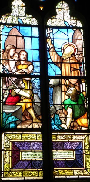 'Sint Budoc, uit Ierland overgekomen op een wonderbaar drijvend gemaakt steen, gaat aan land te Porspoder om er te preken en de laatste restanten van heidendom te catechetiseren tot het geloof in Jezus Christus.'