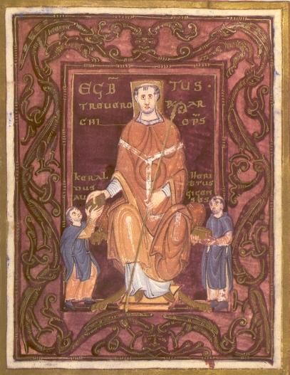Bisschop Egbert ontvangt twee codices uit handen van twee monniken van Reivhenau.