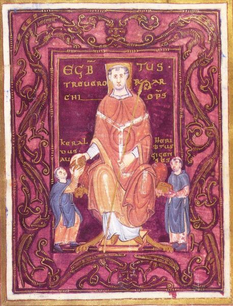 De monniken Keraldus en Heribertus, verbonden aan de schilderschool van klooster Reichenau in Zuid-Duitsland, bieden hun handschrift aan aan bisschop Egbert die hun de opdracht had gegeven dit handschrift te vervaardigen.