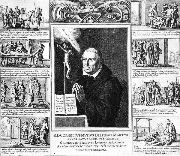 Portert Cornelis Musius, omringd met martelscènes.