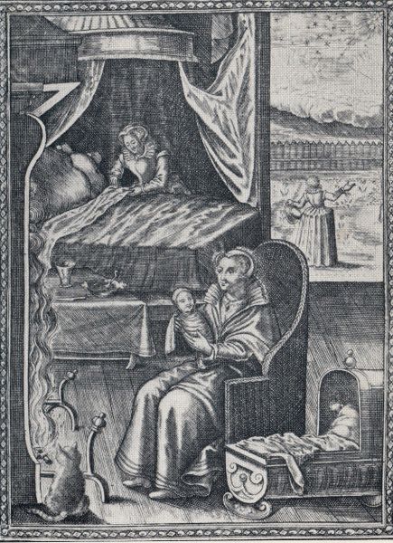 Geboorte van Edmund. Rechtsboven zijn nachtelijk visioen. Illustratie in zijn levensbeschrijving uit 1614.