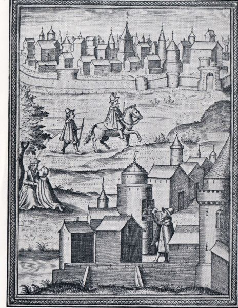 Edmund in dienst bij Mr. Sherwood. Wordt katholiek (links onder de boom); en brengt veilig en wel een bericht over naar de Tower in Londen (rechts voorgrond) Illustratie in zijn levensbeschrijving uit 1614.