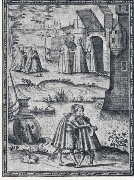 Edmund verlaat Douai om terug te keren naar Engeland Daar neemt hij afscheid van zijn vriend. Illustratie in zijn levensbeschrijving uit 1614.