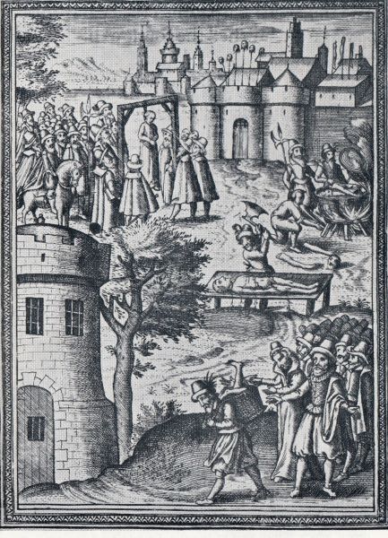Edmund wordt gehangen (links boven), en gevierendeeld (midden). Op de voorgrond draagt iemand de man met zijn ledematen weg. Illustratie in zijn levensbeschrijving uit 1614.