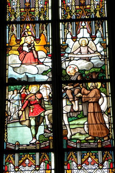 Judikaël (links) en Winok ('Guinien': rechts) helpen melaatse die Christus blijkt te zijn. Ca 1900, glasschilderkunst