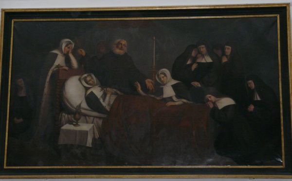 Sterfbed St Begga, omringd door medezusters en weldoeners.