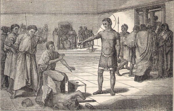 Krachtens zijn gebed verbrijzelt Gregorius een beeld van de god Apollo. Henry FORMBY 'Het Klein Romeinsch Martelarenboek'.