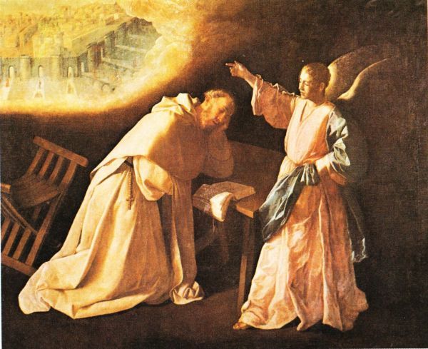 Een engel toont Petrus Nolascus in een droomvisioen het hemelse Jeruzalem. vóór 1664, Zurburàn, schilderij.