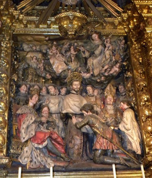 Petrus Nolascus sticht de Orde de Mercedariërs onder het goedkeurend oog van Maria.