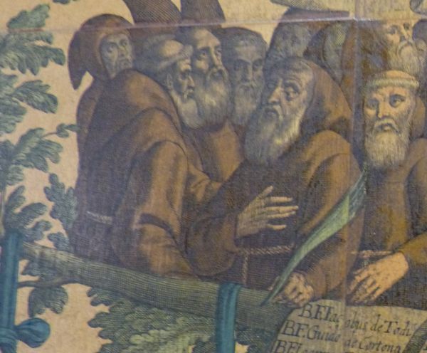 Detail van een groot schilderij waarop alle heilige, zalige en eerbiedwaardige Franciscanen staan afgebeeld Jacopone uiterts links.