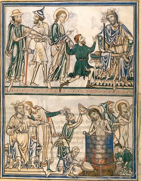 Boven: Johannes voor keizer Domitianus Onder: Johannes in kokende olie.