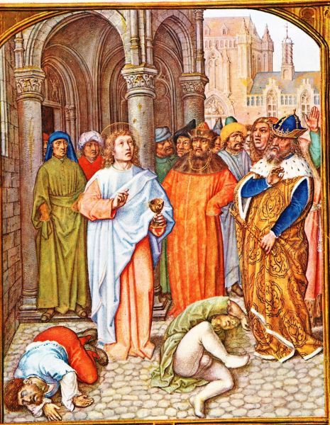 Omdat Johannes in geheel Klein-Azië het evangelie verkondigde, werd hij door de afgodendienaars naar de tempel van Diana gesleept. Ze wilden hem dwingen aan deze godin te offeren. Daarop bood de heilige hun een keuzevoorstel aan: als zij in staat waren, door Diana aan te roepen, de kerk van Christus te doen instorten, dan was hij bereid aan Diana te offeren; maar als hij daarentegen door het aanroepen van Christus in staat zou blijken Diana's tempel te doen instorten, dan moesten zij in Christus geloven. Het grootste deel van het volk stemde hiermee in. Johannes liet eerst alle aanwezigen uit Diana's heiligdom verwijderen. Daarop begon hij te bidden. De tempel stortte in en het beeld van Diana viel in gruzelementen. Nu begon de hogepriester, Aristodemus, het volk op te stoken met als gevolg dat het uit dreigde te lopen op een ordinaire vechtpartij. De apostel kwam tussenbeide: "Wat kan ik doen om u tot vredelievende gedachten te brengen?" Waarop hij antwoordde: "Als u wilt dat ik ga geloven in uw God, dan zou ik u het liefst vergif te drinken willen geven. En als dat u niet deert, dan moet uw God wel de ware God zijn." En de apostel zei: "Ga uw gang." Op dat moment kwam de ander met nog een voorwaarde: "Maar dan wil ik wél dat u eerst te zien krijgt hoe anderen sterven aan de gevolgen van dat gif, zodat u er de kracht zelf van kunt constateren." Vandaar dat Aristodemus bij de consul om twee ter-dood-veroordeelden liet vragen. Hij gaf ze van het gif te drinken, en onmiddellijk vielen zij dood neer.